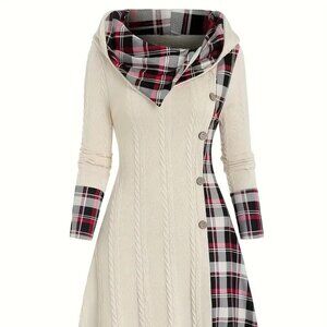 Hooded Sweater Dress with Plaid Print, Long Sleeve Knit